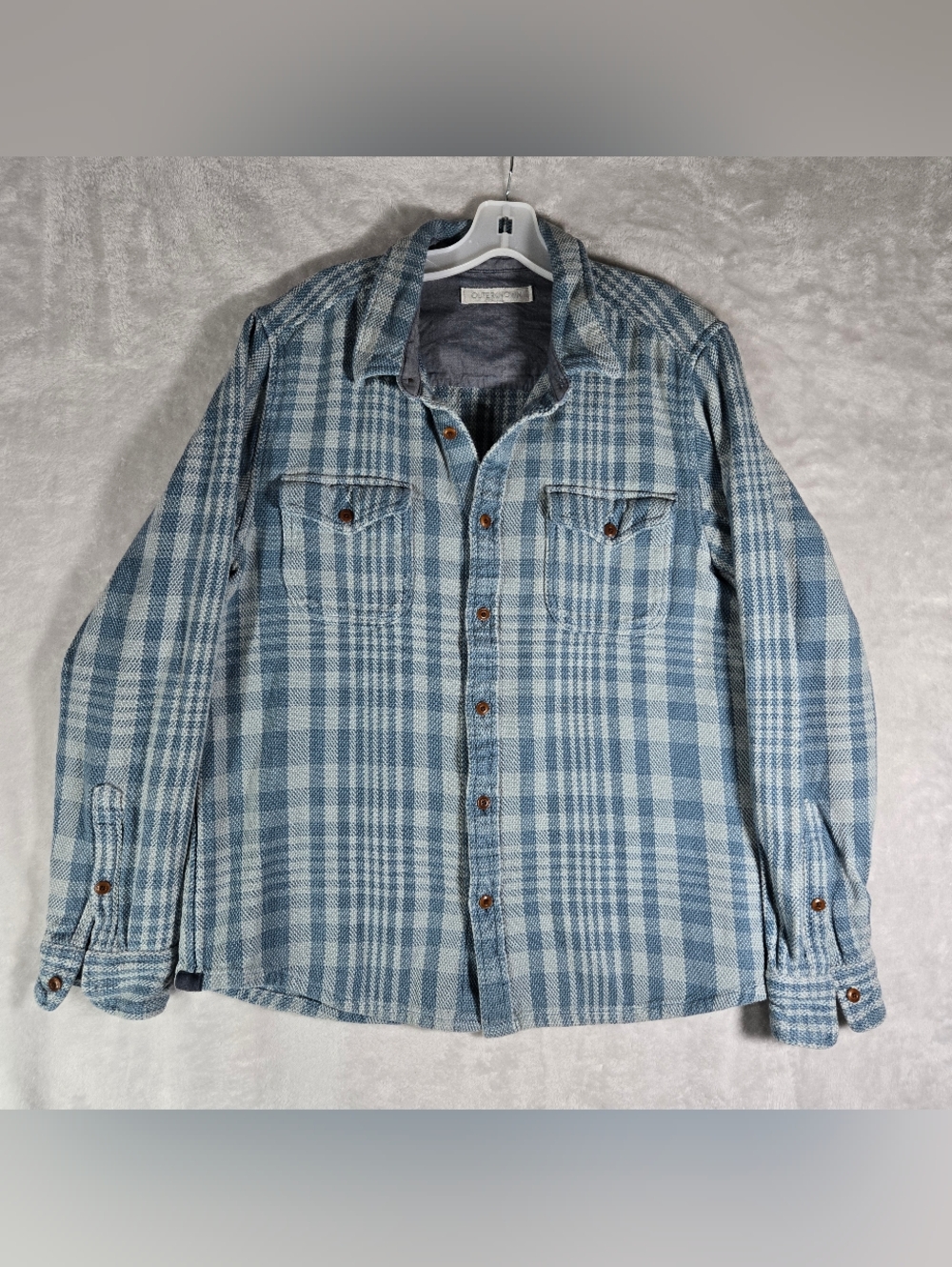 Outerknown Blanket Shirt Mens Size Large Button Up Organic Cotton Blue Plaid